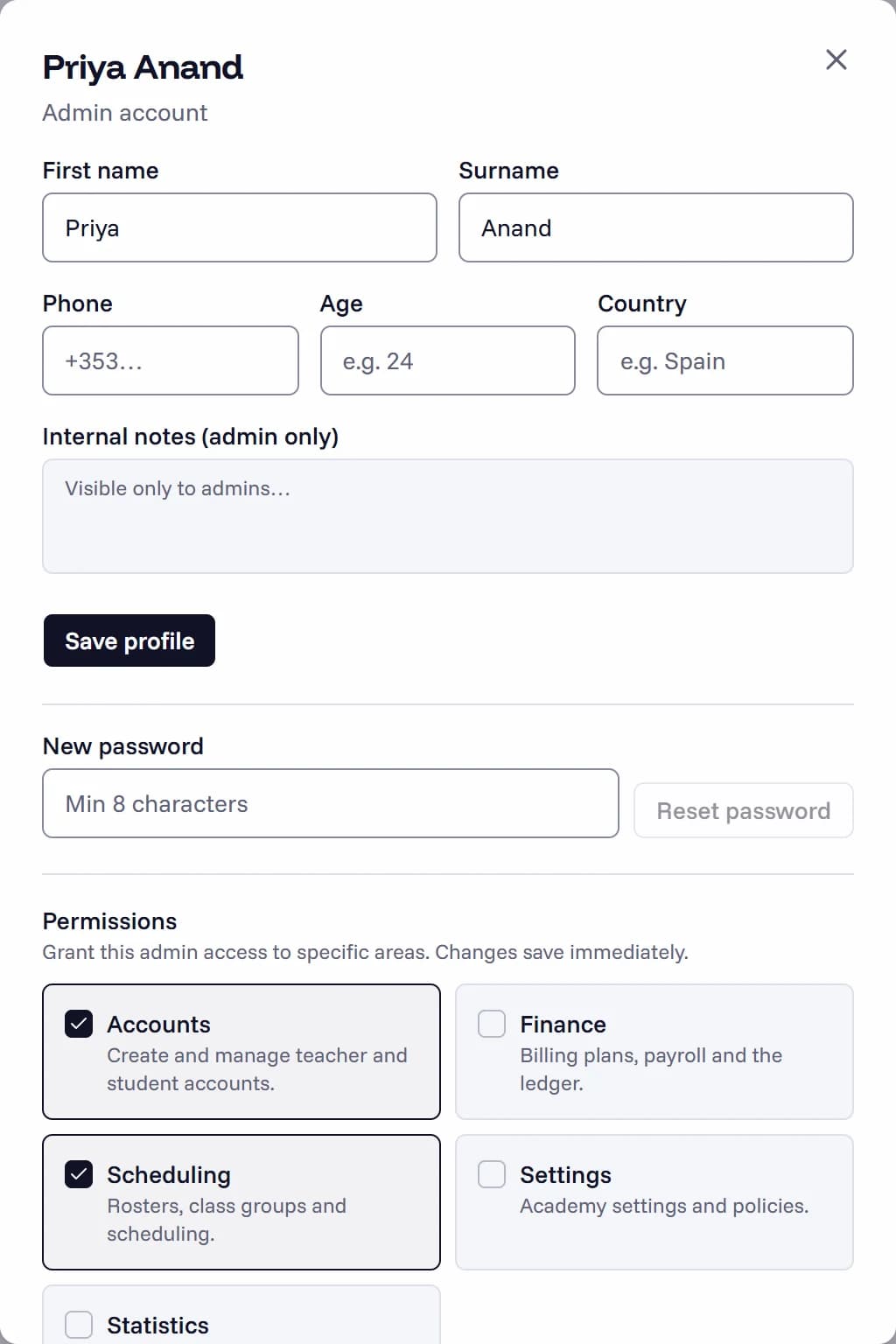 An admin's permissions in Acadenova, granted area by area