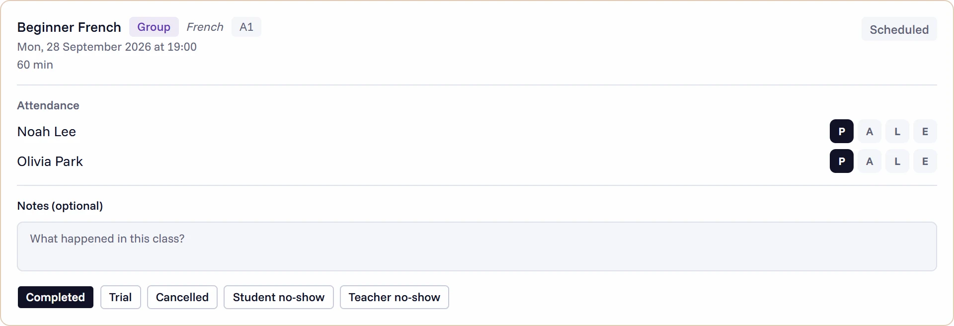 A group class register in Acadenova with each student marked present or absent